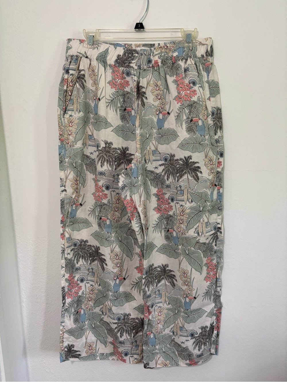 C&C California Cream Wide-Leg Pants Tropical Print-100% Linen
